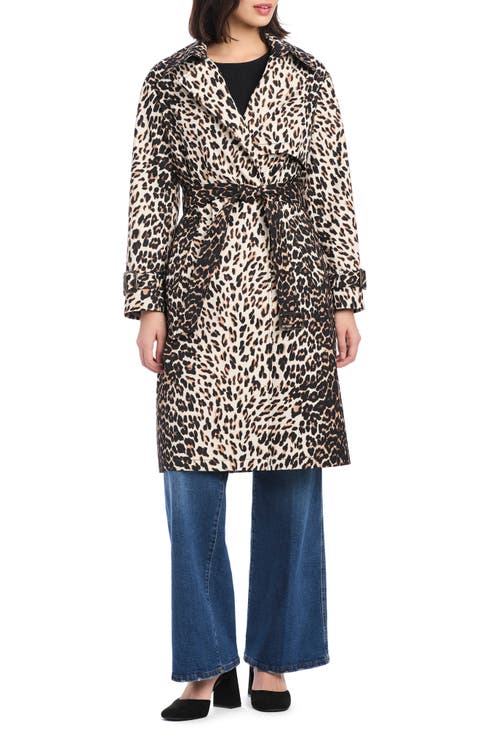 double breasted longline leopard print trench coat
