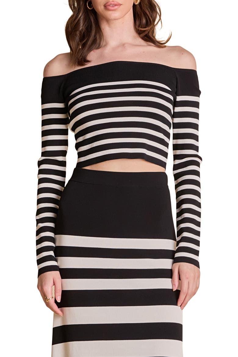 Stripe Off the Shoulder Sweater, Main, color, BLACK/ CREAM