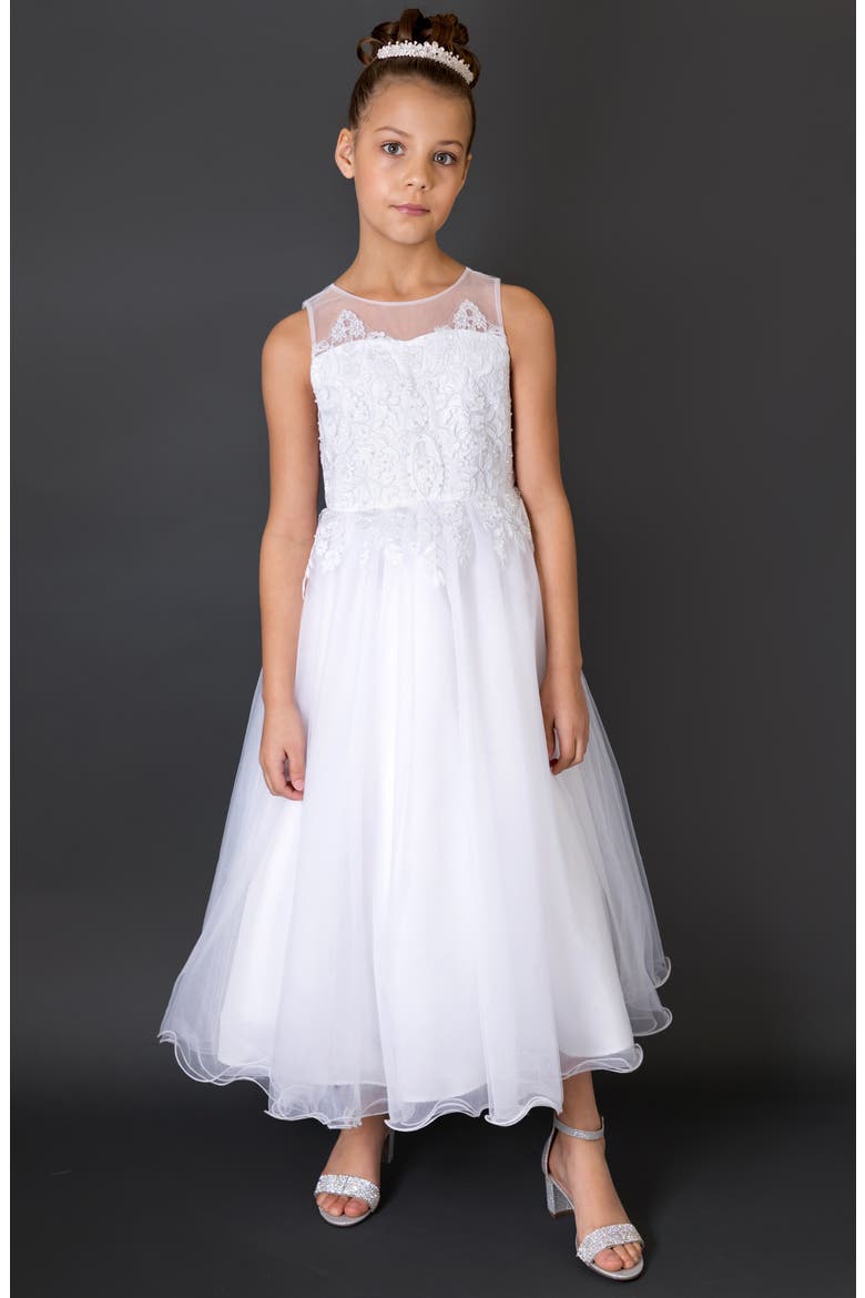 Embroidered Bodice Tulle Communion Dress, Alternate, color, WHITE