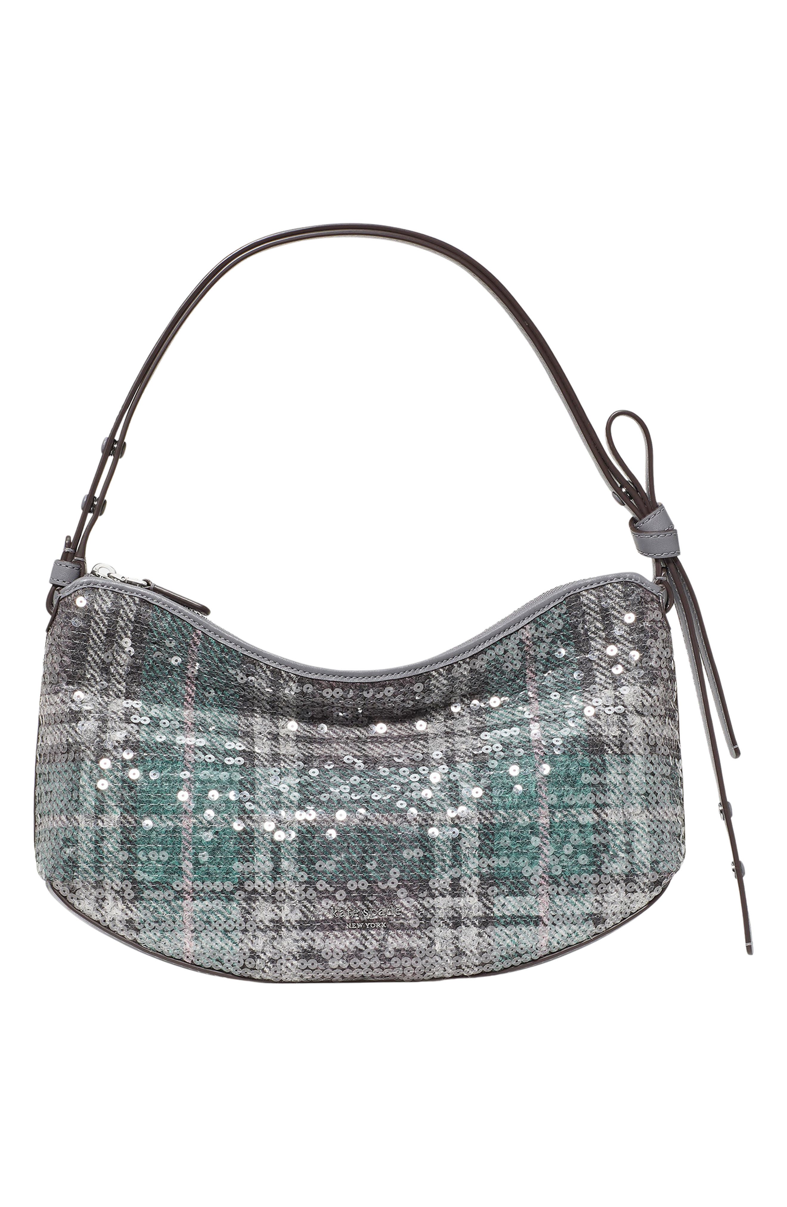 Loop Sequin Plaid Boucle Shoulder Bag, Main, color, GREY.