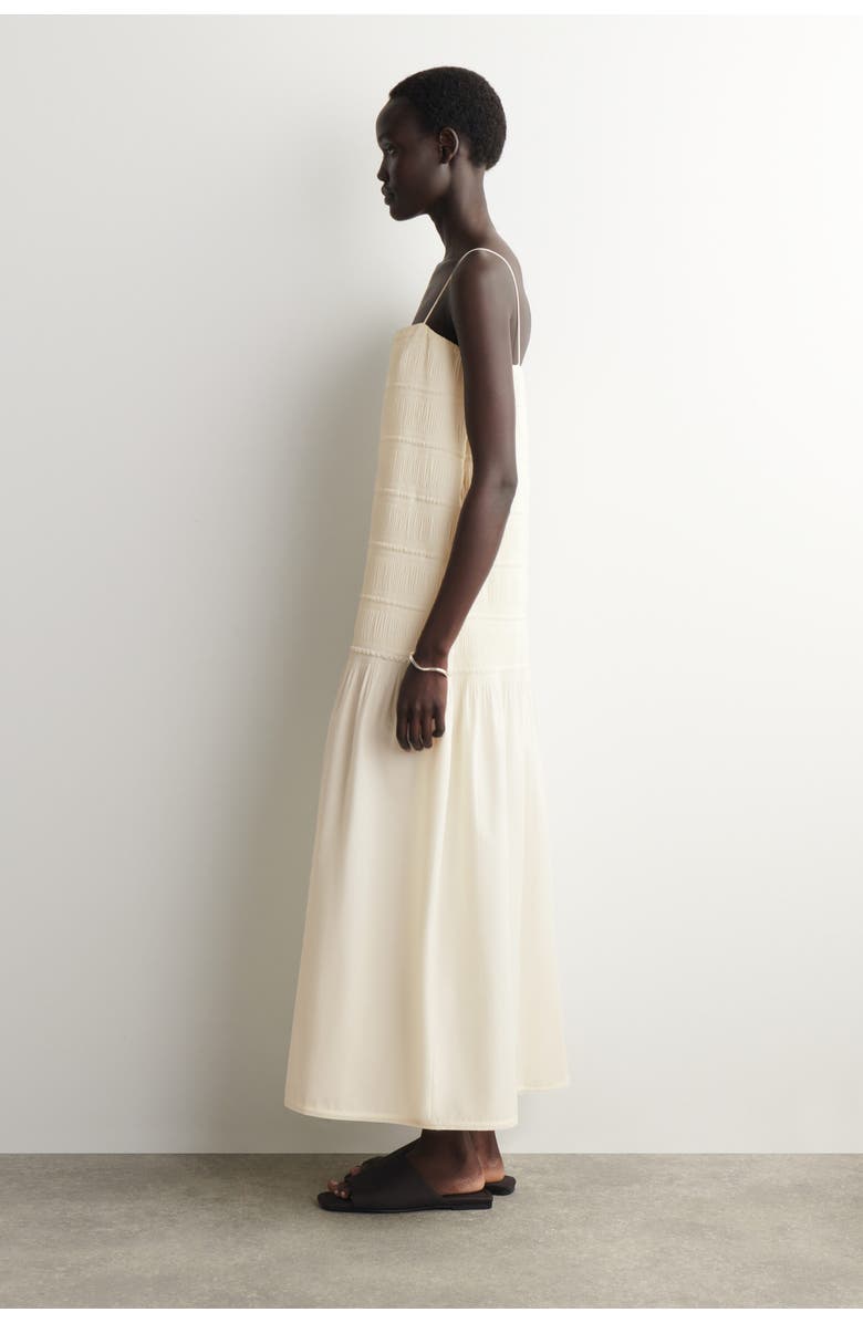 COS Ruched Dropped-waist Poplin Midi Dress, Alternate, color, Ivory