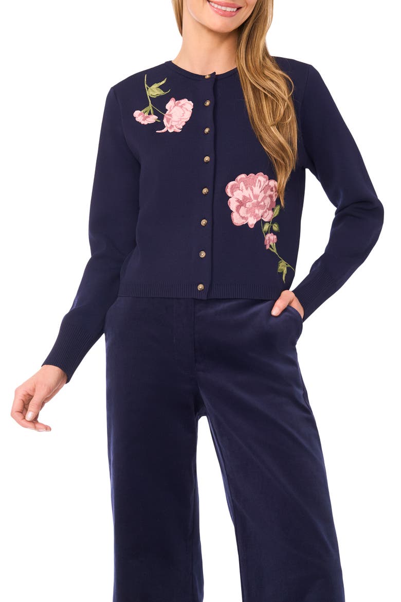 Placed Floral Embroidery Crewneck Cardigan, Main, color, BARITONE BLUE