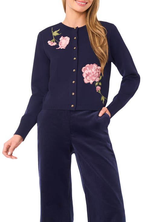 Placed Floral Embroidery Crewneck Cardigan