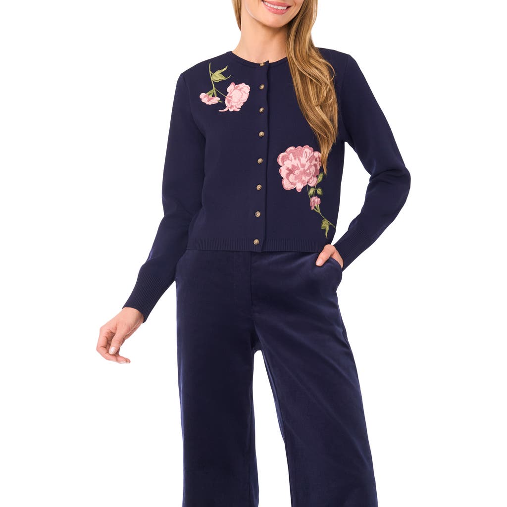 Ted Baker Placed Floral Embroidery Crewneck Cardigan In Blue