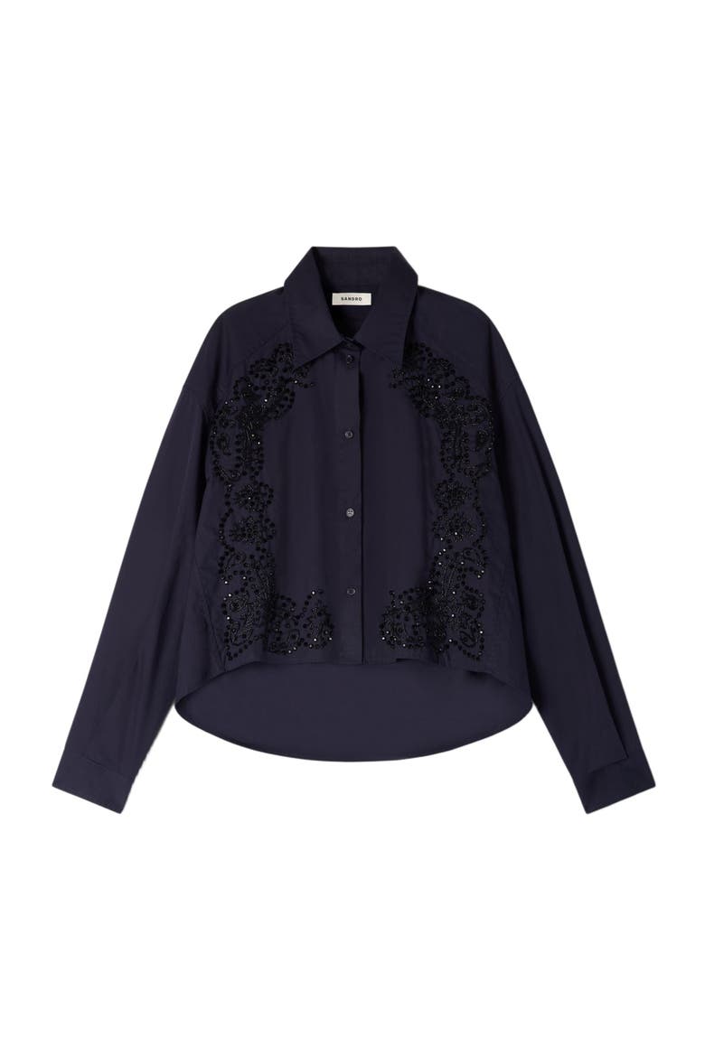 Floral embroidered cotton shirt, Alternate, color, Navy blue