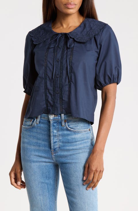 Embroidered Scallop Collar Top