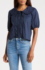 Joie Embroidered Scallop Collar Top