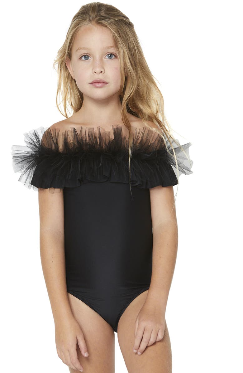 Stella Cove Black Tulle Swimsuit, Alternate, color,
