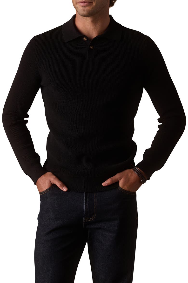 Robles Long Sleeve Waffle Cotton Polo Sweater, Main, color, BLACK