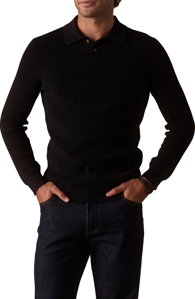 The Normal Brand Robles Long Sleeve Waffle Cotton Polo Sweater, Main, color, Black