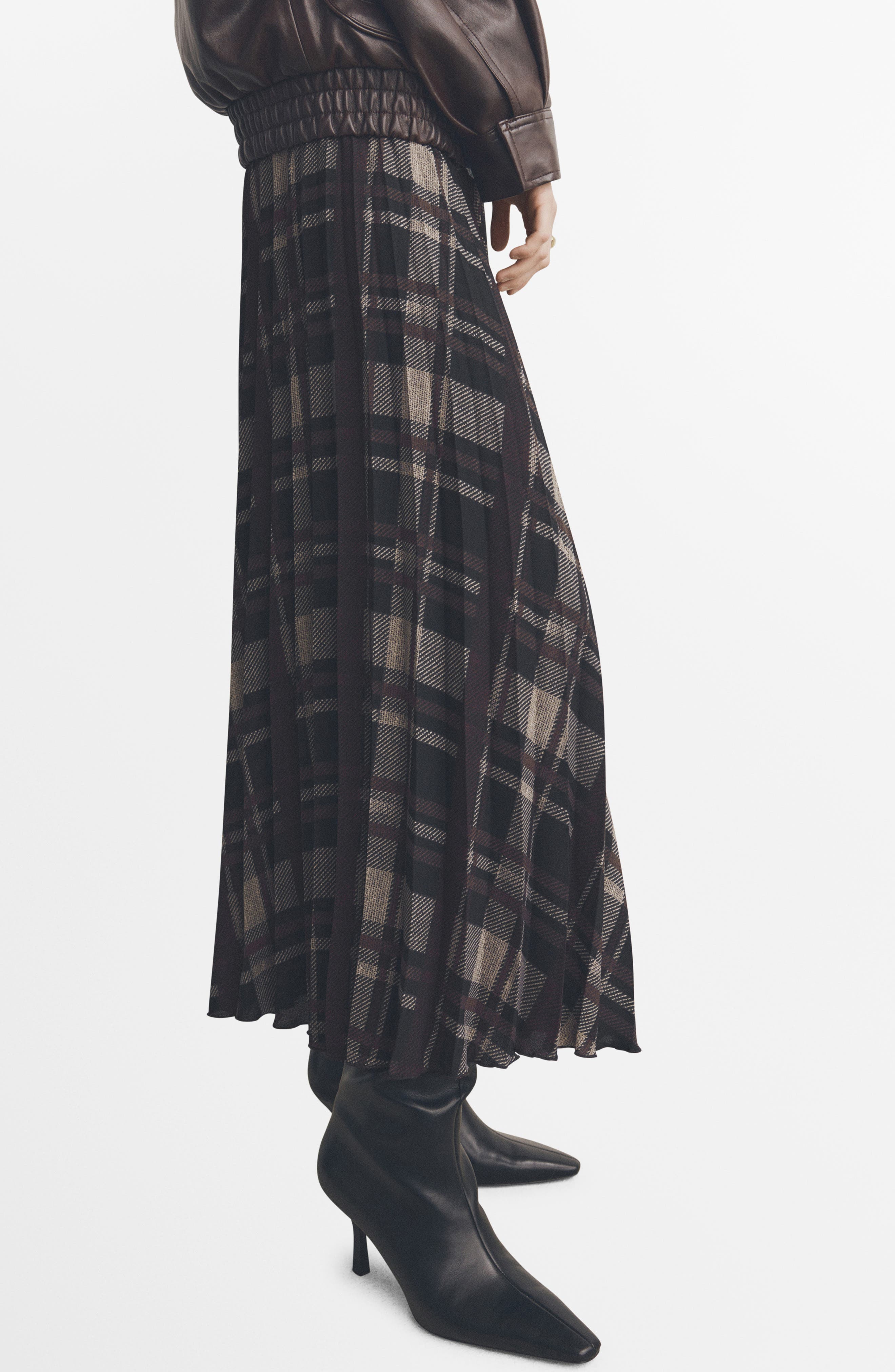 Check Pleated Midi Skirt