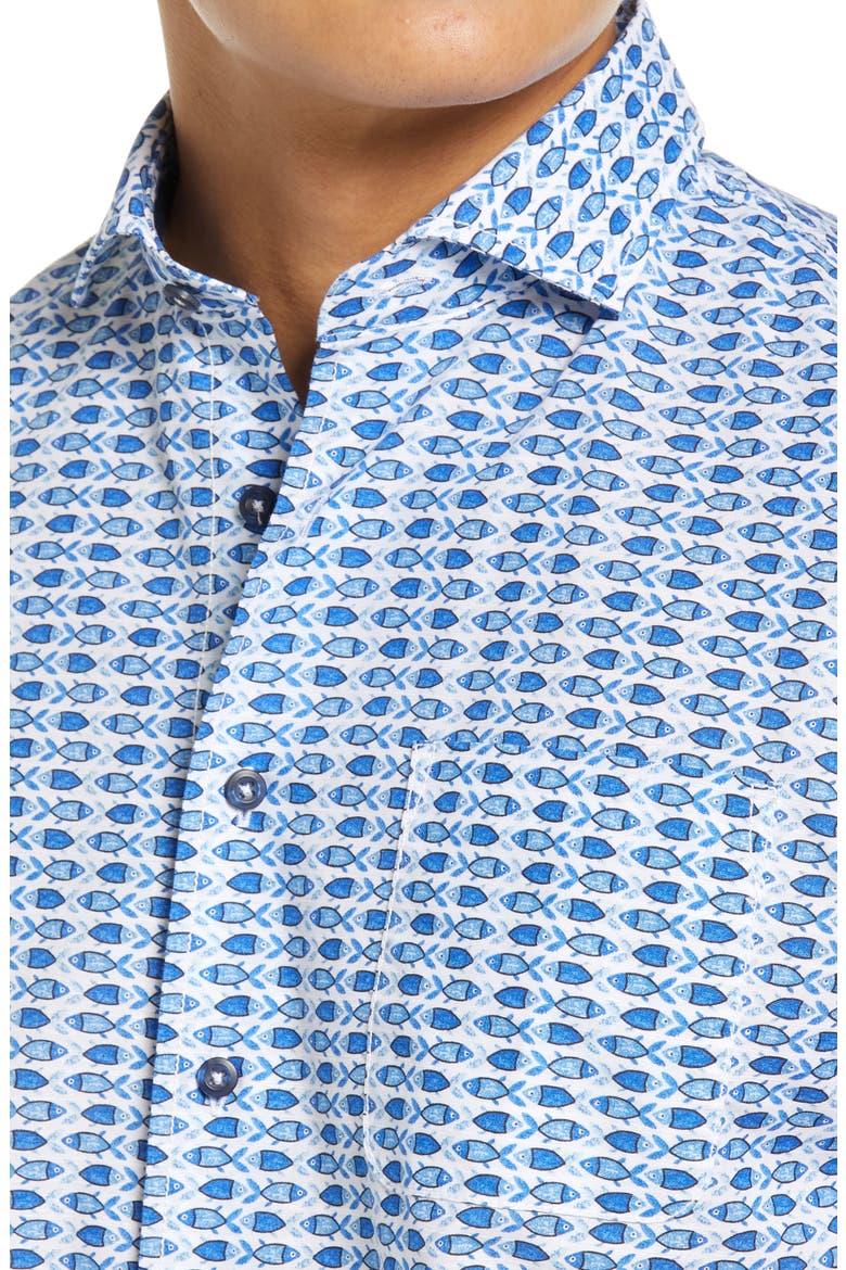 Hangin' Out Arie Fish Print Short Sleeve Button-Up Shirt, Alternate, color, LAGUNA BLUE