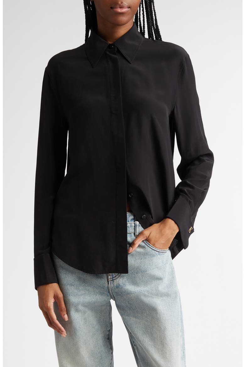 Arabella Silk Button-Up Shirt, Main, color, BLACK