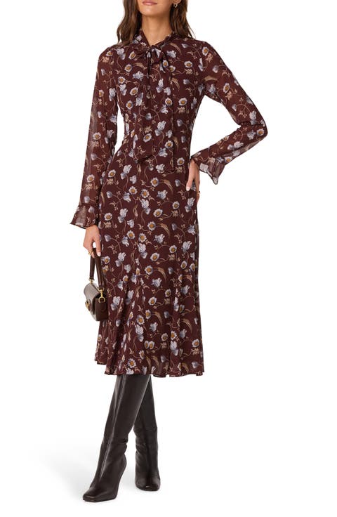 Floral Tie Neck Long Sleeve Dress