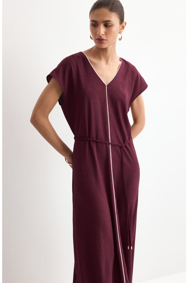 Contrast Piping Belted Midi Dress, Alternate, color, CHERRY