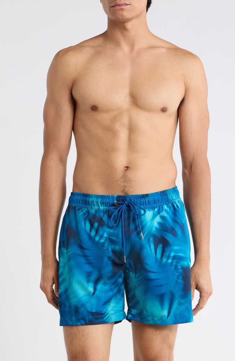 Robert Graham Tie Dye Palm Print Swim Shorts, Main, color, Blue