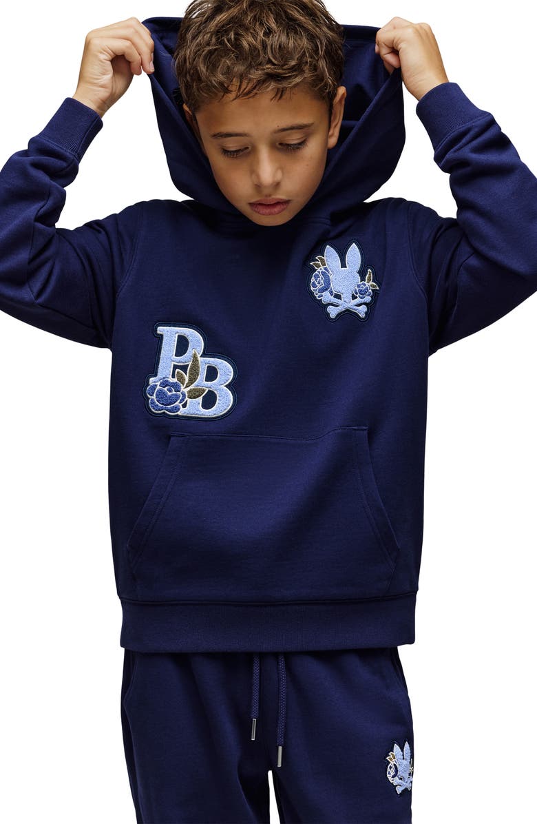 Psycho Bunny Kids' Auguste Floral Patch Hoodie, Alternate, color, Evening Blue