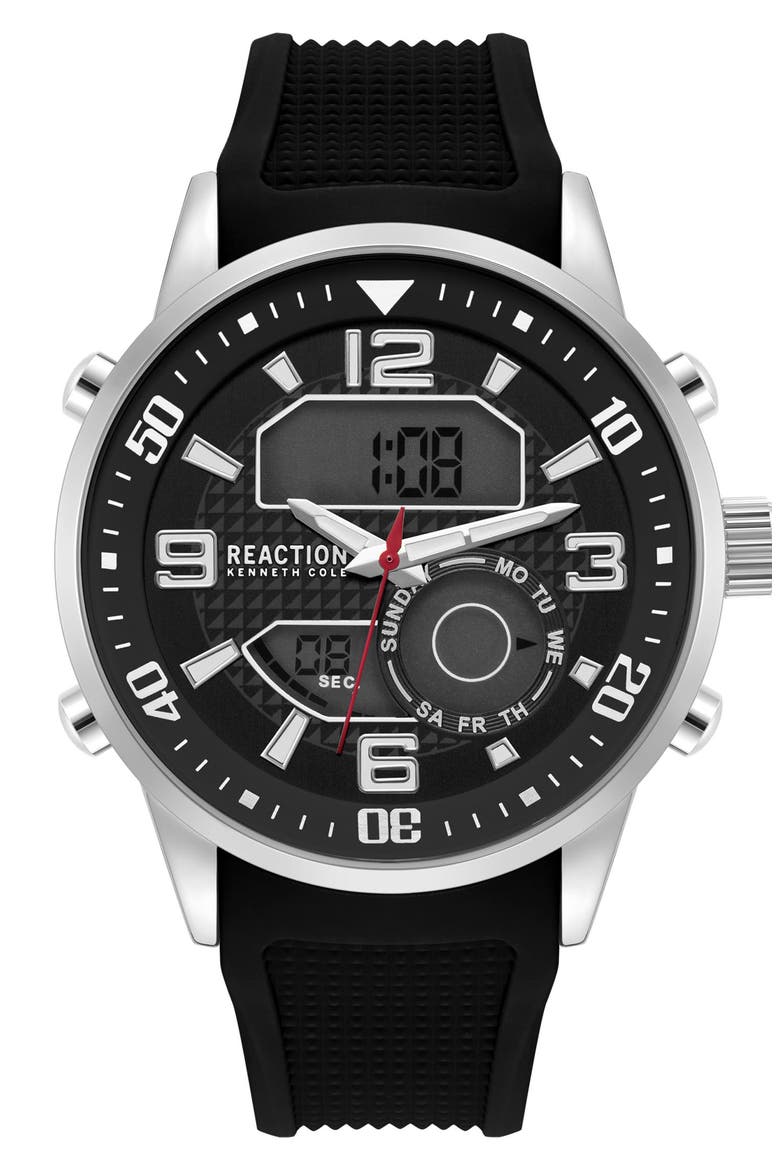 Analog Digital Silicone Strap Chronograph Watch, 46mm, Main, color, BLACK