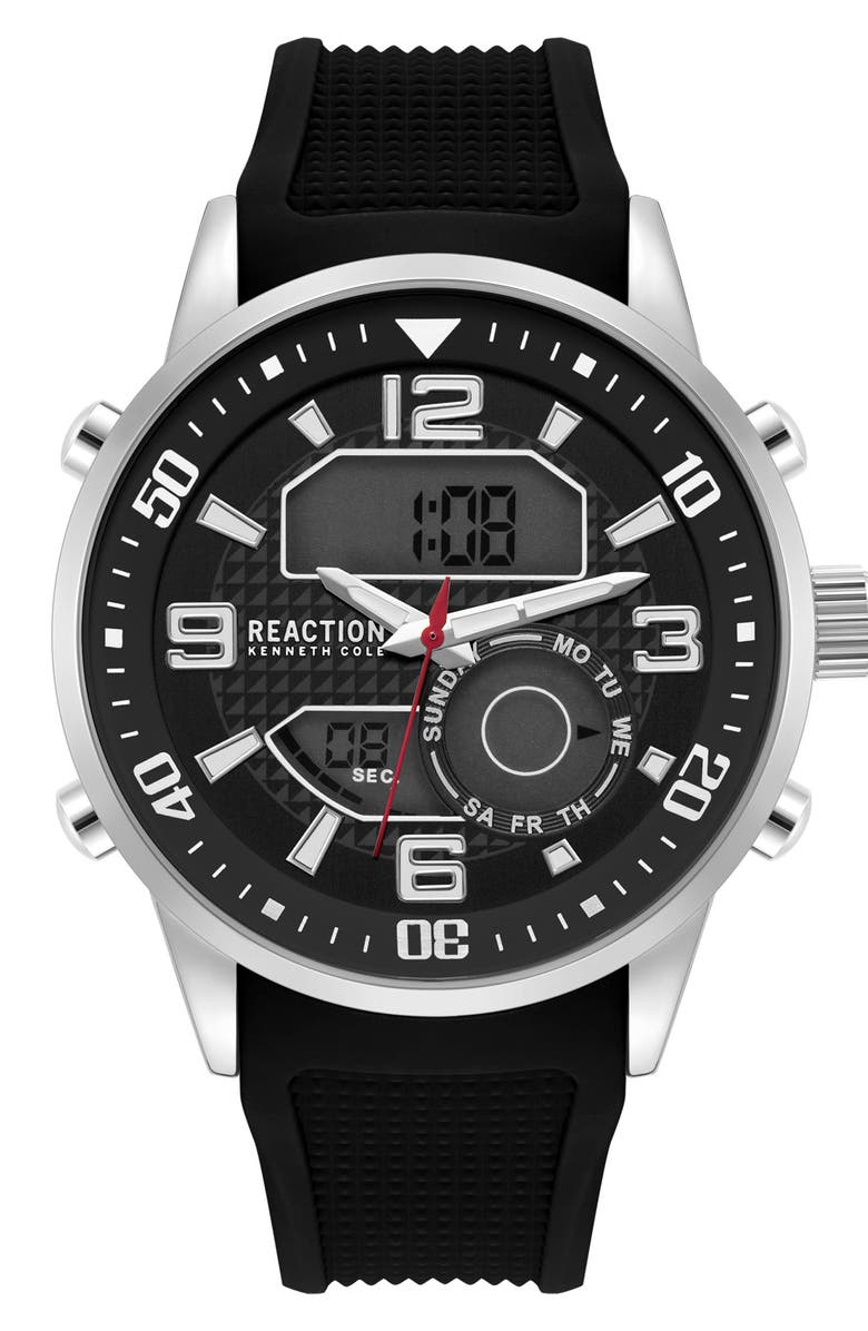 Kenneth Cole Reaction Analog Digital Silicone Strap Chronograph Watch, 46mm, Main, color, Black