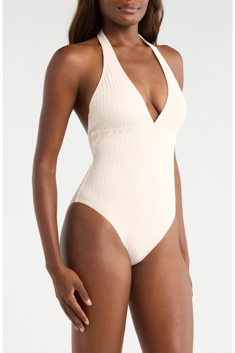 Halter Rib One-Piece Swimsuit, Alternate, color, WHITE SAND