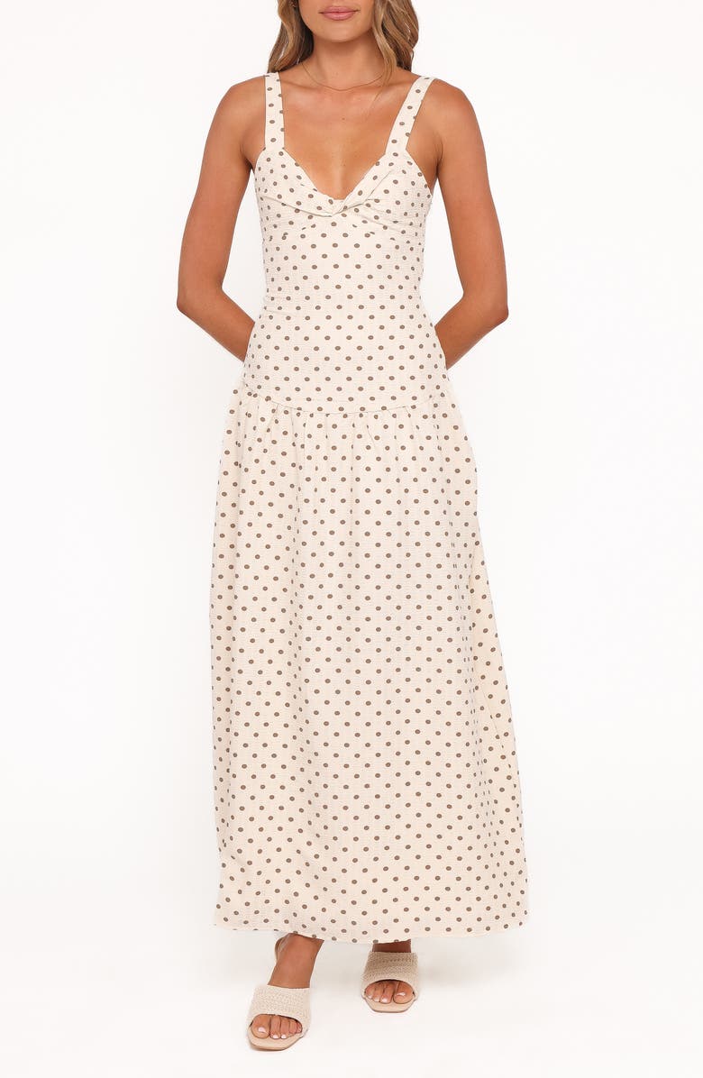 Petal & Pup Sophina Polka Dot Maxi Dress, Main, color, Brown Polka Dot