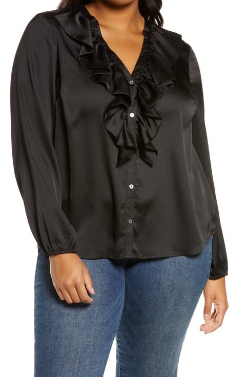 Ruffle Neck Button-Front Blouse (Plus Size)
