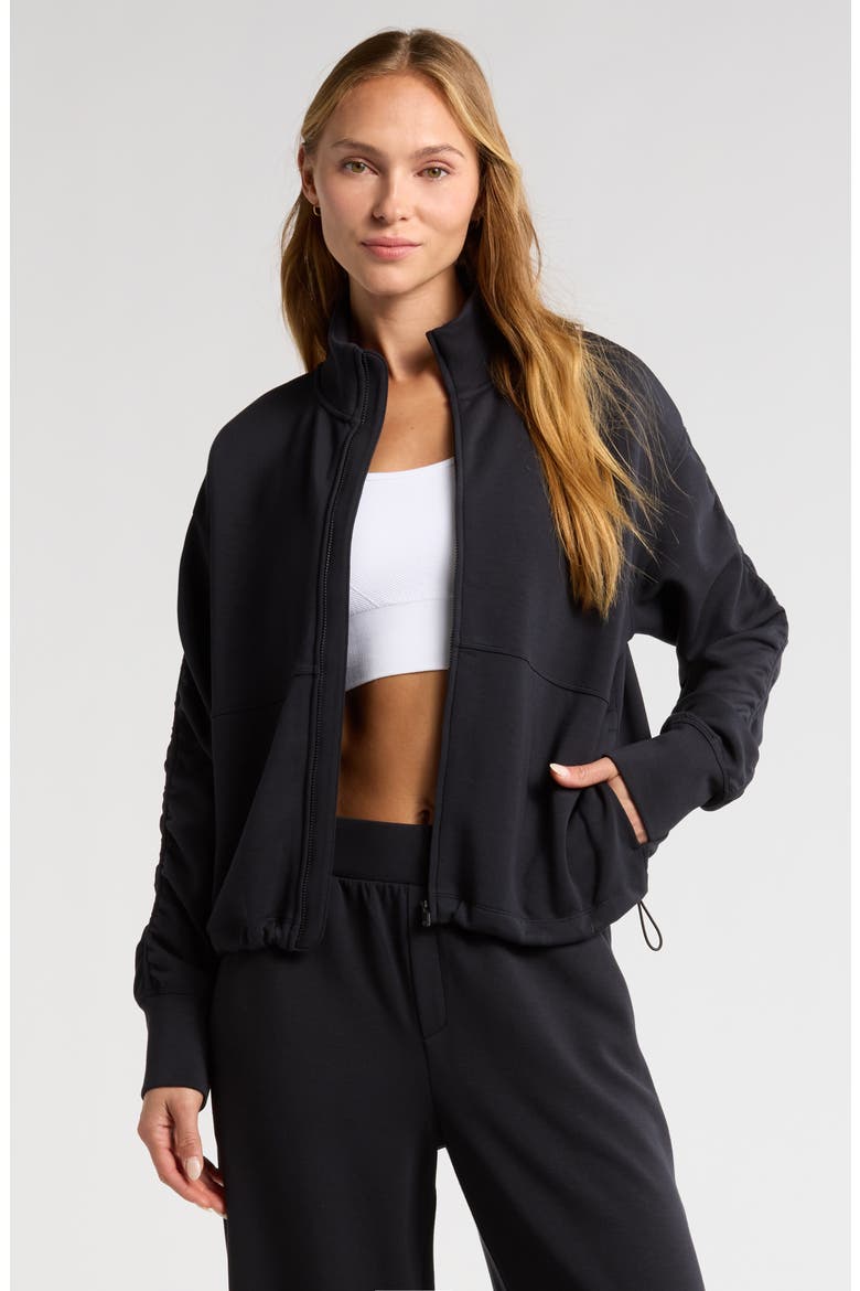 Soft Luxe Ruched Sleeve Zip Jacket, Main, color, BLACK