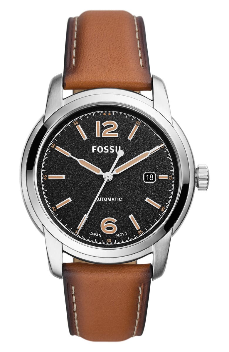 Fossil Heritage Automatic Leather Strap Watch, 43mm, Main, color, 
