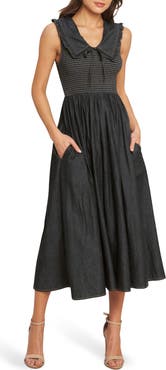 FLYING TOMATO Ruffle Collar Sleeveless Fit & Flare Denim Midi Dress