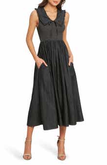 FLYING TOMATO Ruffle Collar Sleeveless Fit & Flare Denim Midi Dress
