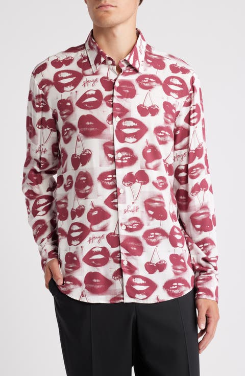 Ermo Lips & Cherries Print Button-Up Shirt