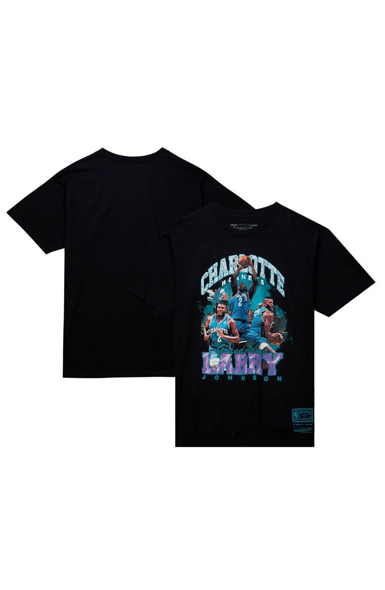 Mitchell & Ness Men's Mitchell & Ness Larry Johnson Black Charlotte Hornets Hardwood Classics Bling Concert Player T-Shirt, Main, color, 