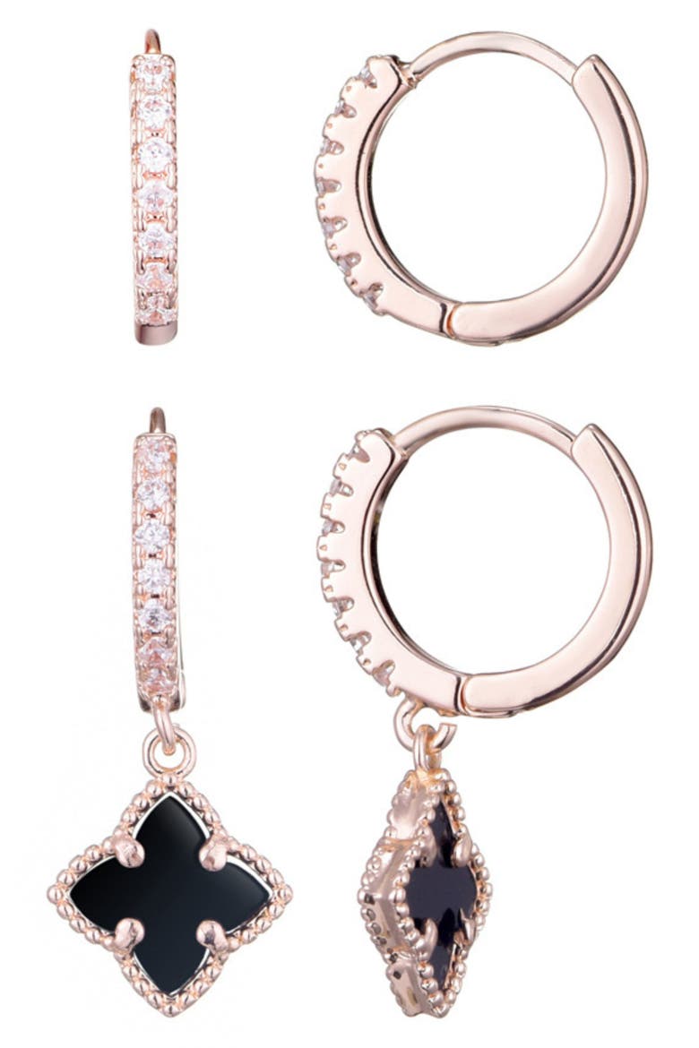 Set of 2 Cubic Zirconia Huggie Hoop & Clover Drop Earrings, Main, color, BLACK