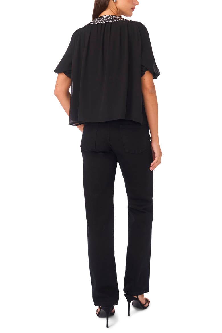 Sequin Trim Puff Sleeve Top, Alternate, color, RICH BLACK