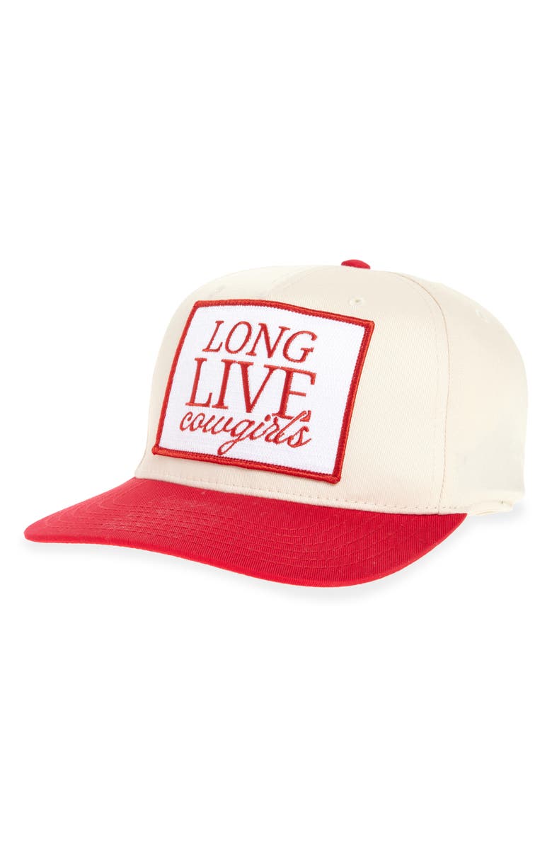 Friday Feelin’ Long Live Cowgirls Patch Trucker Hat, Main, color, Red Split