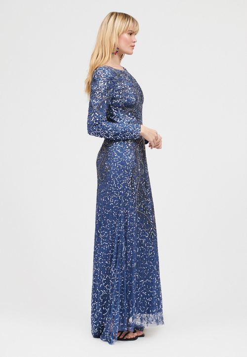 Maryisa Embellished Sequin Beaded Foral A Line Maxi In Turk Blue