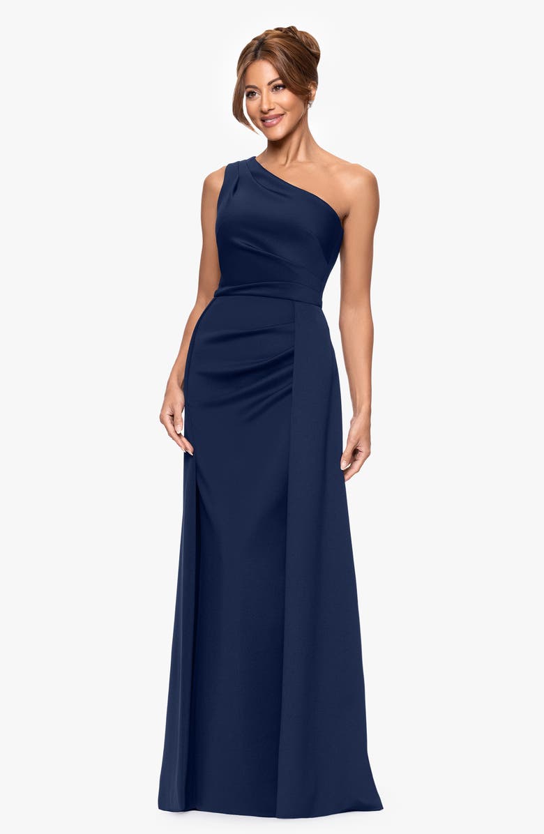 Xscape Evenings One-Shoulder Scuba Crepe Evening Gown, Alternate, color, Midnight