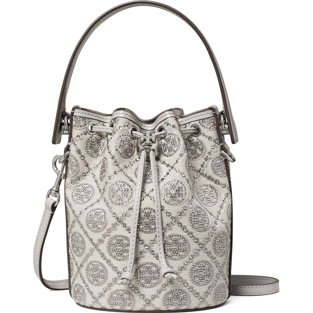 Tory Burch Crystal Detail Monogram Mini Bucket Bag In Gray