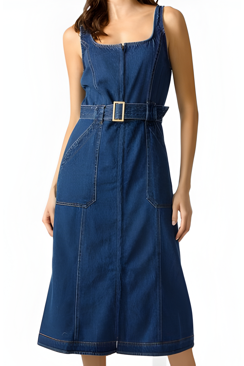 Denim Midi Dress with Belt and Zip Front, Alternate, color, Blue