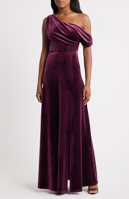 Lulus Anya Draped One-Shoulder Velvet Gown in Eggplant 