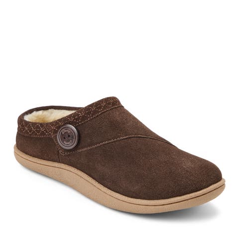 Suede Clog With Embroid & Wood Button Slippers