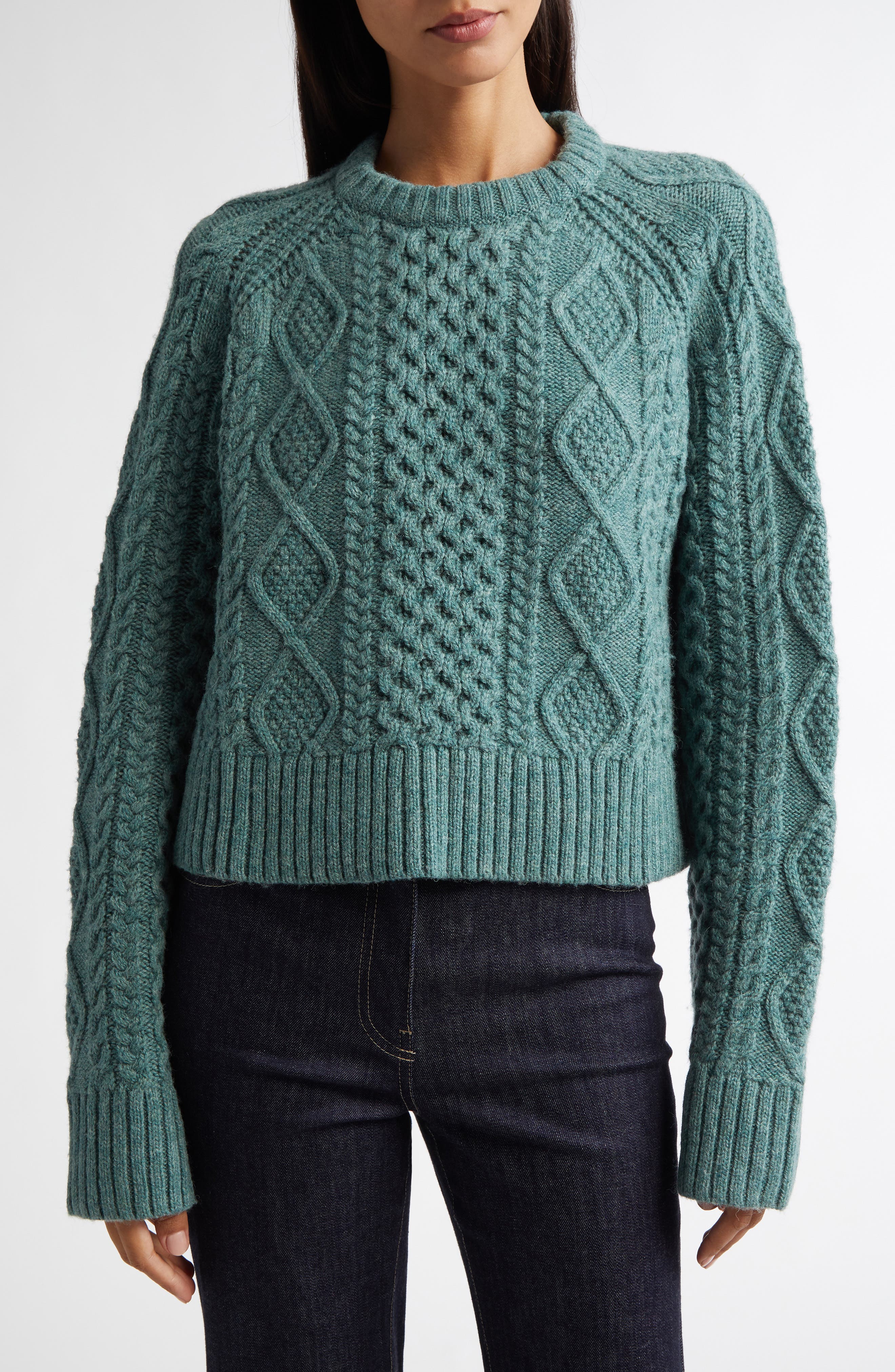 Pendleton Crop Wool Fisherman Sweater in Dusty Teal Heather 