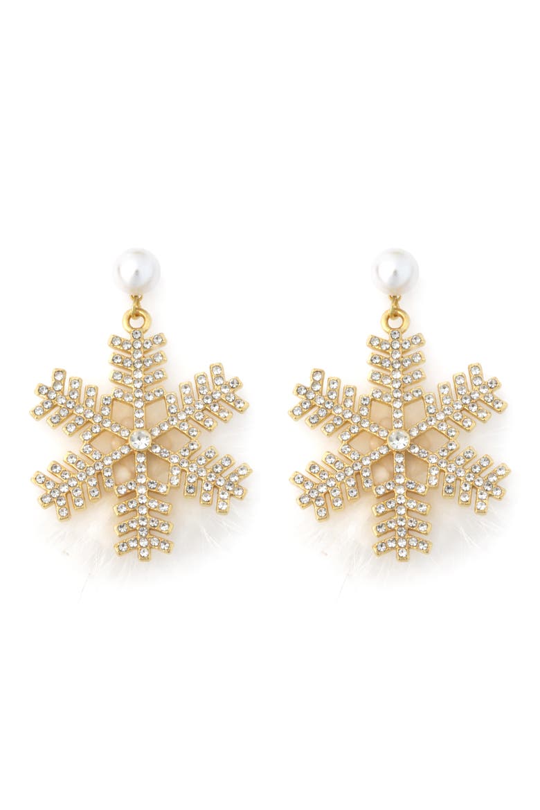 Crystal Snowflake Feather Drop Earrings, Main, color, WHITE