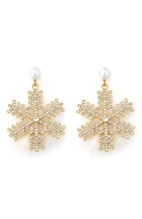 Crystal Snowflake Feather Drop Earrings