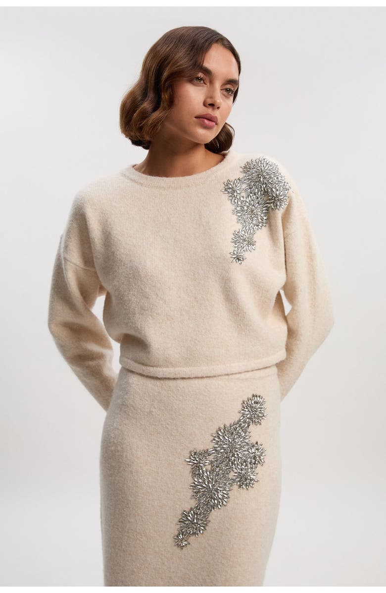 Karen Millen Wool Embellished Crew Neck Jumper, Main, color, Cream