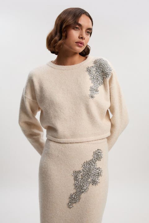 Wool Embellished Crew Neck Jumper