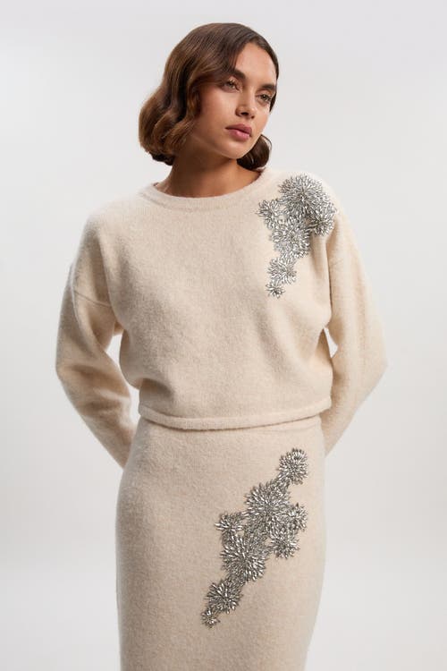 Karen Millen Wool Embellished Crew Neck Jumper In White