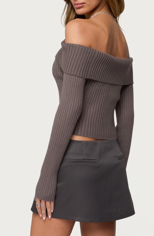 Edikted Lauren Foldover Off The Shoulder Rib Sweater In Gray