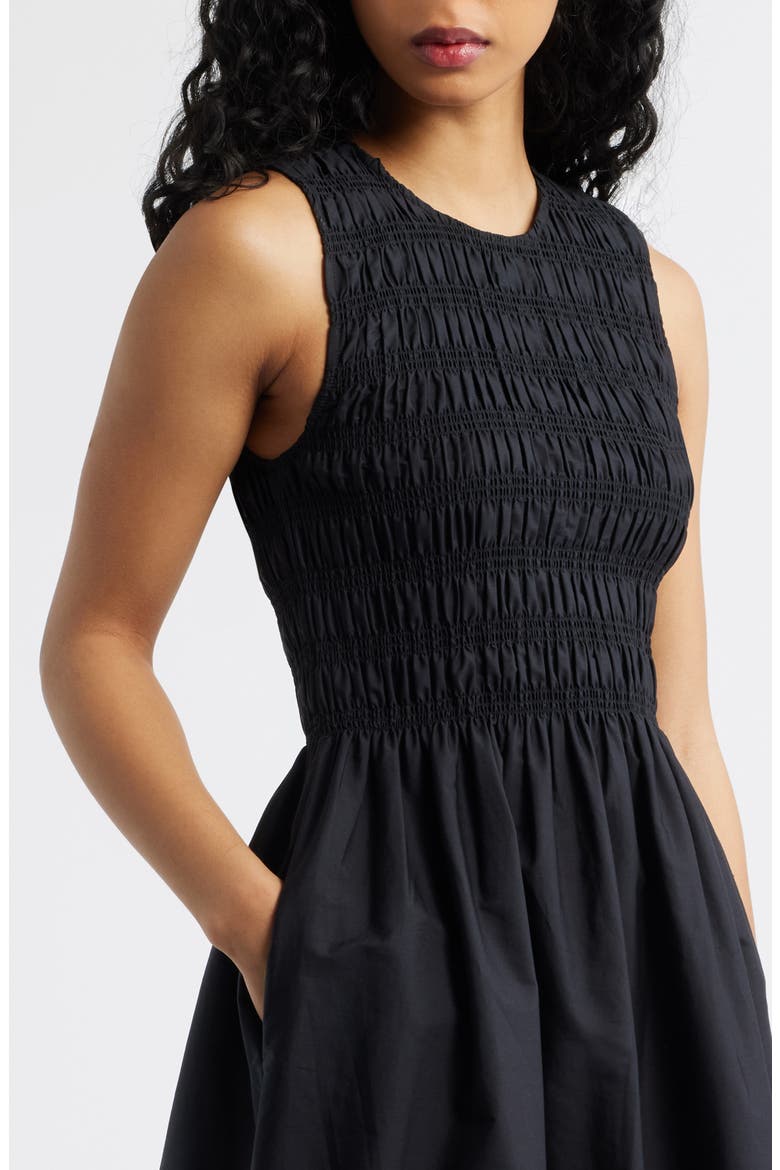 The Embroidered Melody Smocked Midi Dress, Alternate, color, JET BLACK