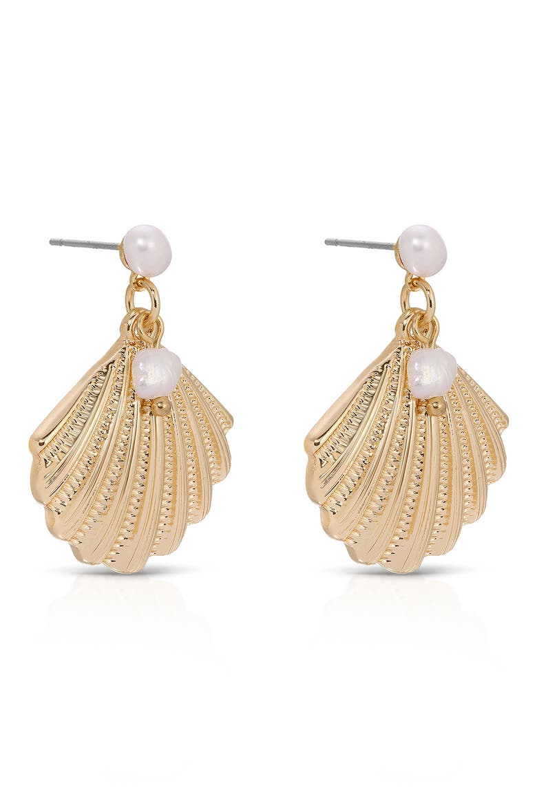 Scallop Shell & Freshwater Pearl Drop Earrings, Alternate, color, GOLD